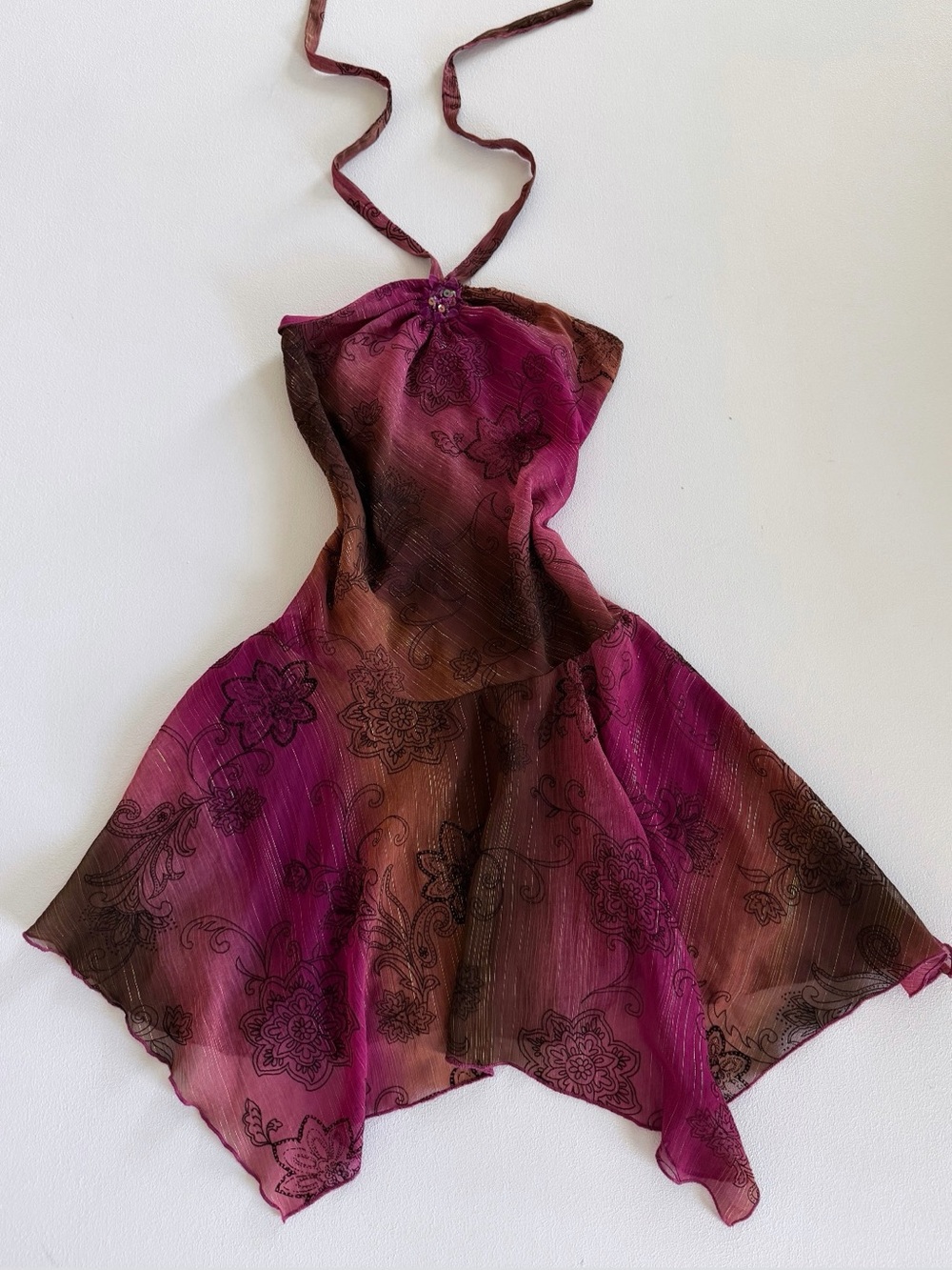 Vintage She's Me Brown Pink Floral Halter
Handkerchief Mini Dress